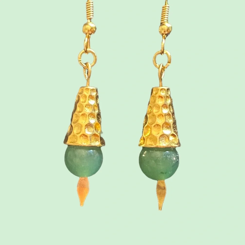HAND CRAFTED Earrings Aventurine Beads Dangle Drop Long Natural Stones Pierced - Picture 2 of 8